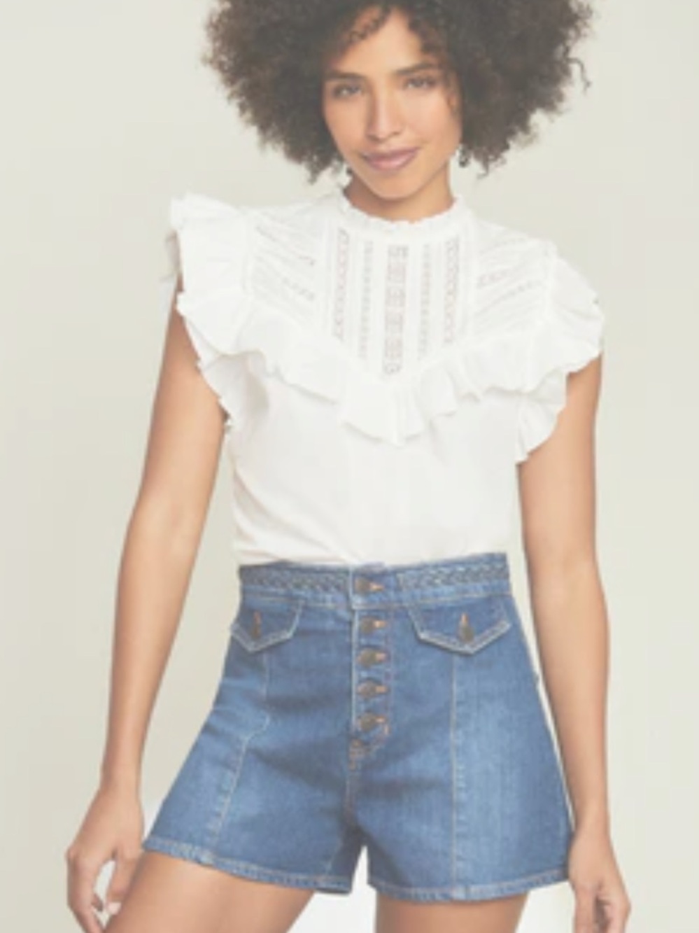 Veronica Beard Tamsyn White Ruffled Lace Yoke Cap Sleeve Top